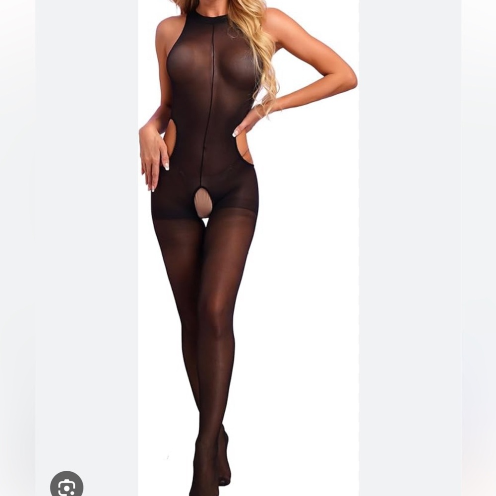 Full bodysuit semi sheer black lace & crotchless